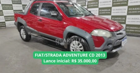 FIAT STRADA ADVENTURE CD modelo 2013 em leilão com lance inicial de R$ 35.000,00, com direção hidráulica, ar condicionado e vidro elétrico