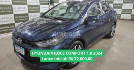 HYUNDAI HB20S COMFORT 1.0 modelo 2024 em leilão com lance inicial de R$ 72.000,00, com direção hidráulica, manual do proprietário e câmbio automático