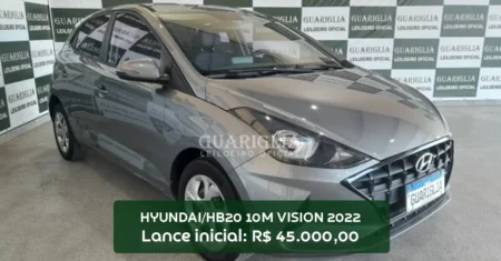 HYUNDAI HB20 1.0 VISION modelo 2022 em leilão com lance inicial de R$ 45.000,00, com IPVA 2025 pago e documento pronto para transferir