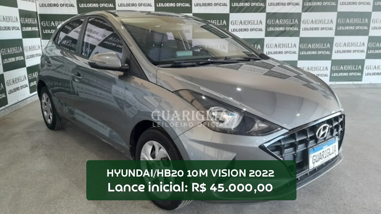 HYUNDAI HB20 1.0 VISION modelo 2022 em leilão com lance inicial de R$ 45.000,00, com IPVA 2025 pago e documento pronto para transferir