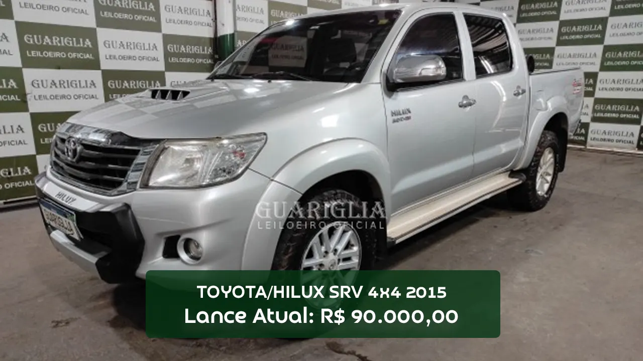 TOYOTA HILUX CD 4X4 SRV 2014 em leilão com maior lance de R$ 90.000,00, com IPVA 2025 pago e documento pronto para transferir